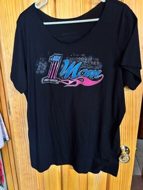 Harley-Davidson Black Tee with Blue & Pink "1 Mom" Graphic